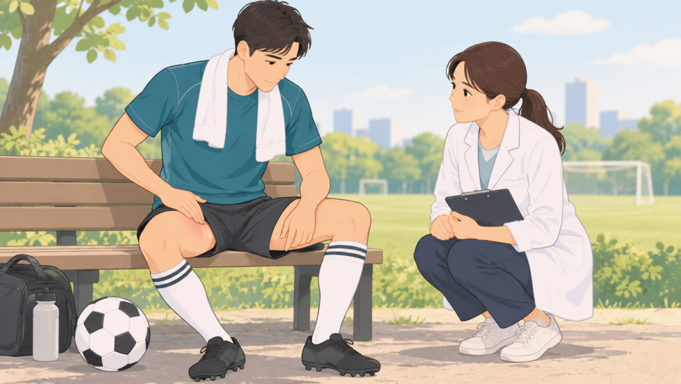 運動中の脚の付け根の痛みでプレーを止めた人が相談する説明用イラスト