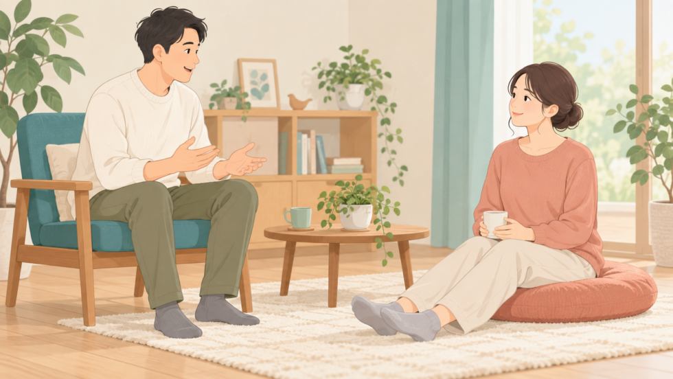 椅子やクッションを使い脚を楽に置く座り方の説明用イラスト