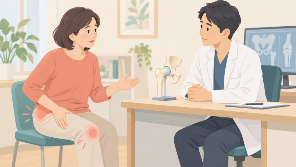 股関節や膝の動かしにくさを相談する説明用イラスト