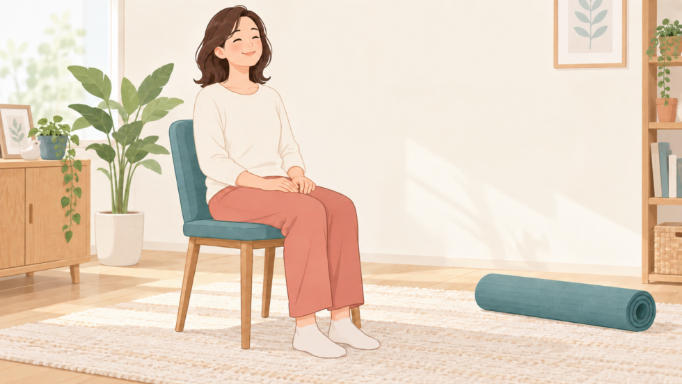 椅子に座る女性と床のマットを描いた説明用イラスト