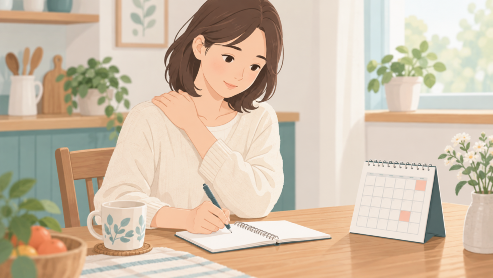 肩の症状と経過をノートに記録する人のイラスト