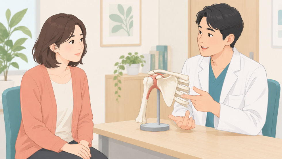 肩の模型を前に医療者へ症状を相談する人のイラスト