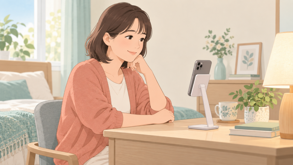 スマホをスタンドに置き机で腕を支えながら画面を見る人のイラスト