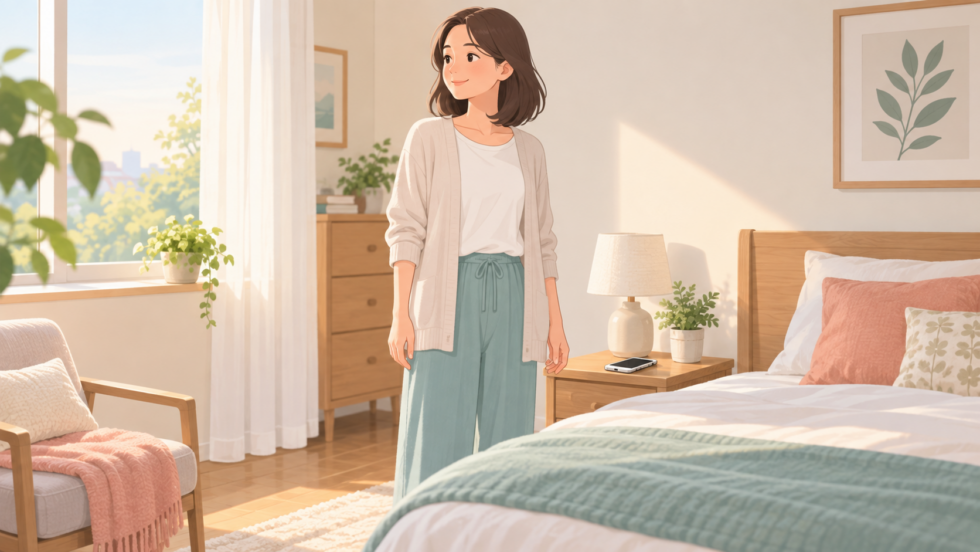 スマホを置いてベッドのそばで休憩する人のイラスト