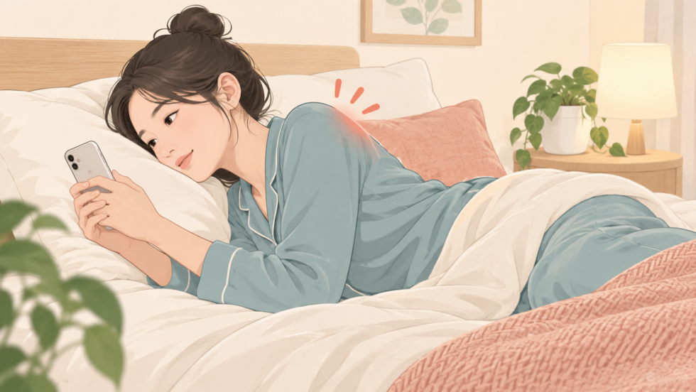 横向きに寝てスマホを使い肩の周辺に負担を感じる人のイラスト