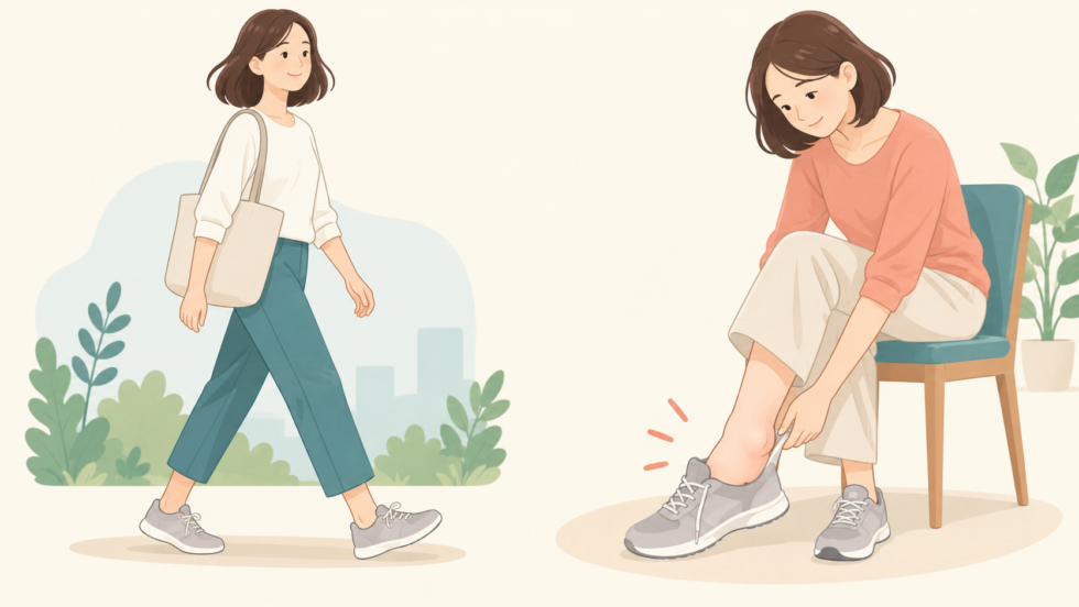 歩行時の負担と靴の締め付けを確認する説明用イラスト