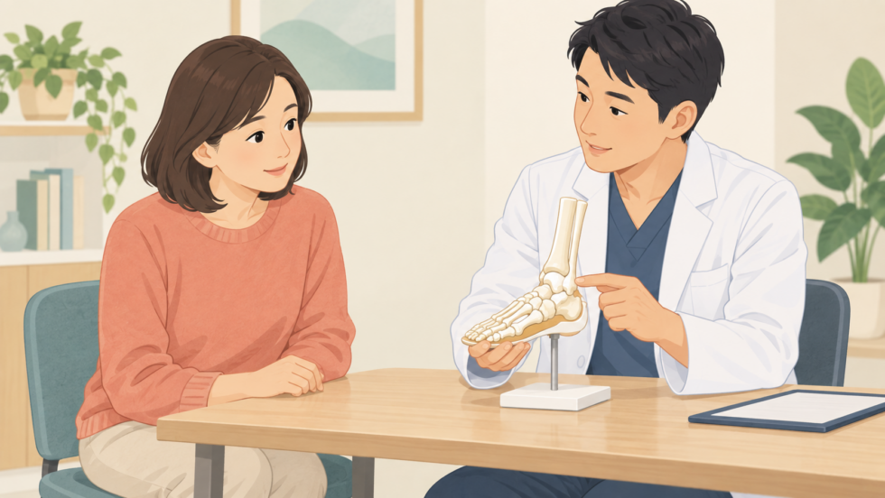 足首の模型を使い医療者へ相談する説明用イラスト
