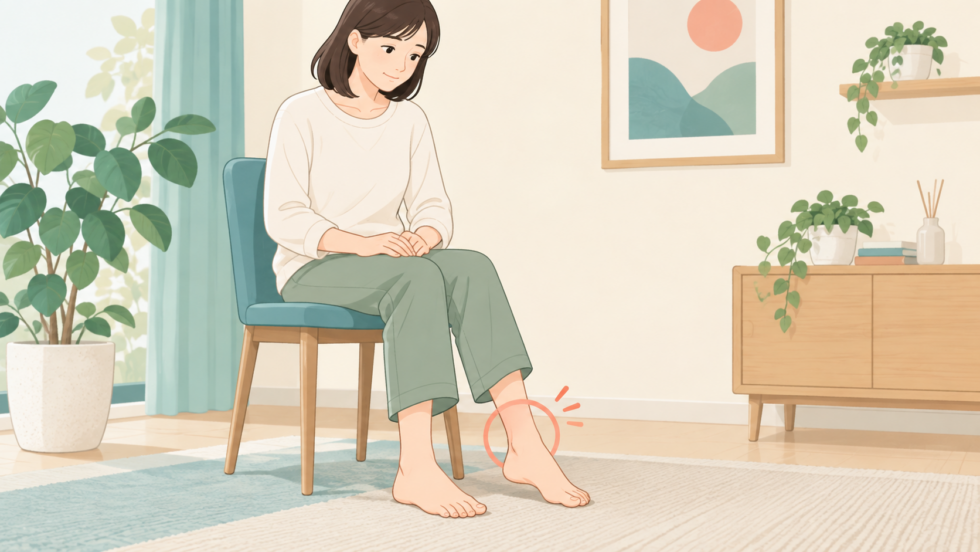 椅子に座り足首の動かしにくさを確認する人の説明用イラスト