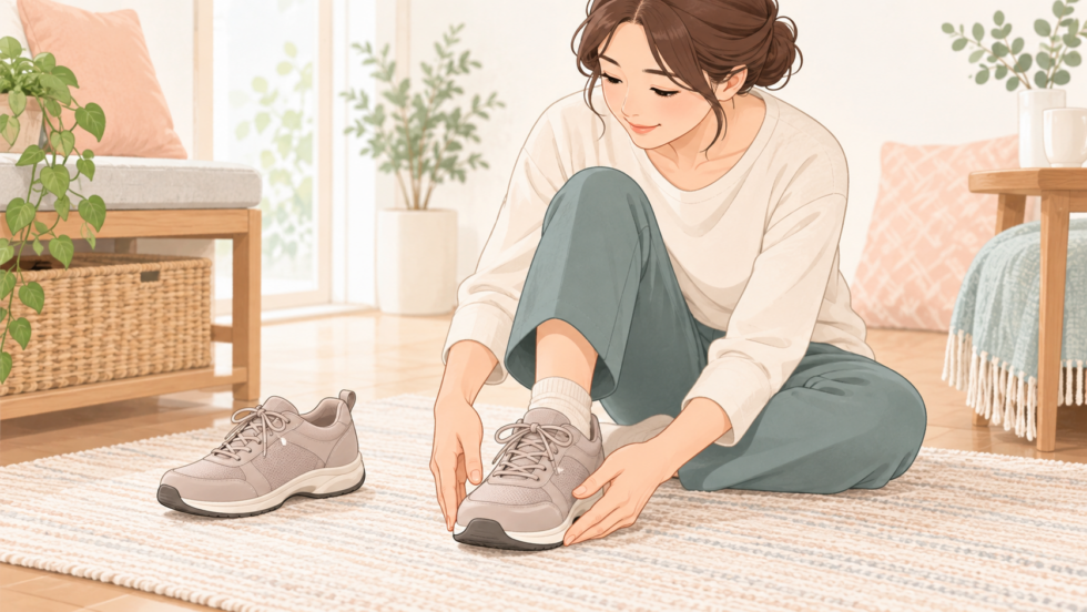 つま先部分にゆとりのある靴の幅を確認する人のイラスト