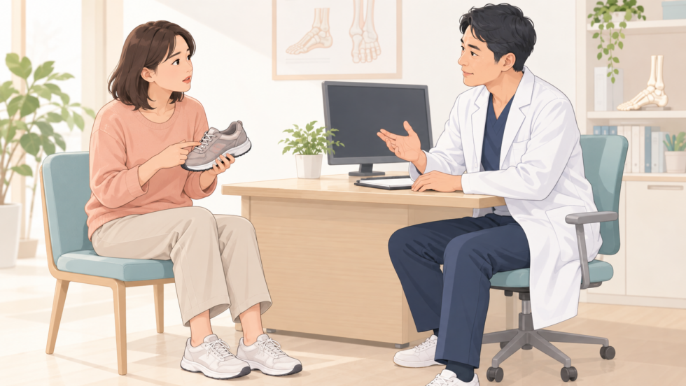 普段の靴を持って医療者に相談する場面のイラスト