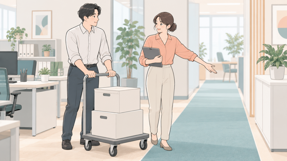 台車を使って荷物の持ち運びを減らす工夫を相談する同僚のイラスト
