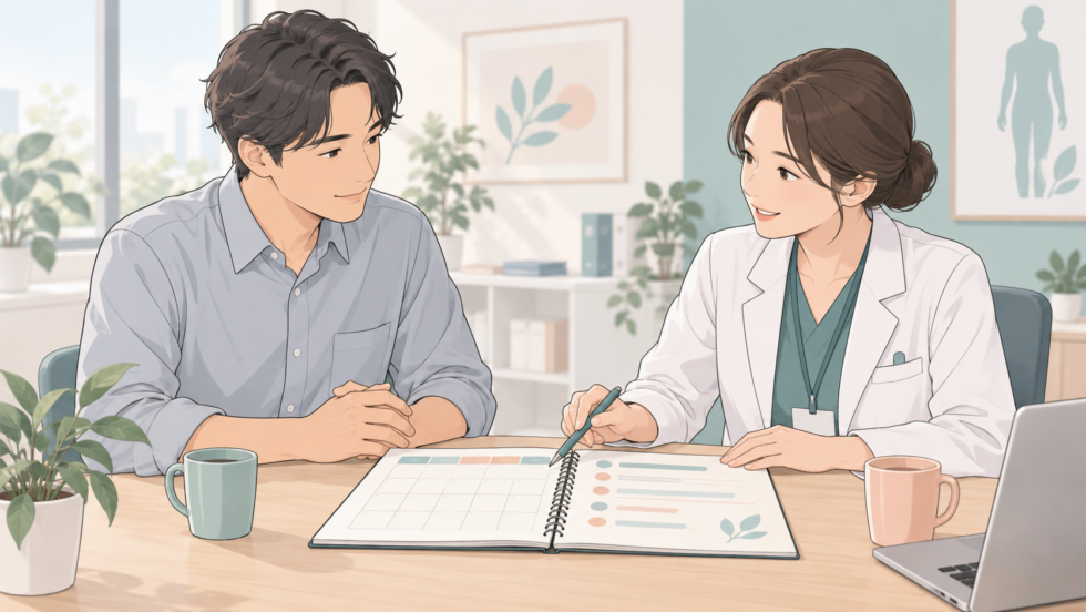 勤務の再開計画を医療者と相談する人のイラスト