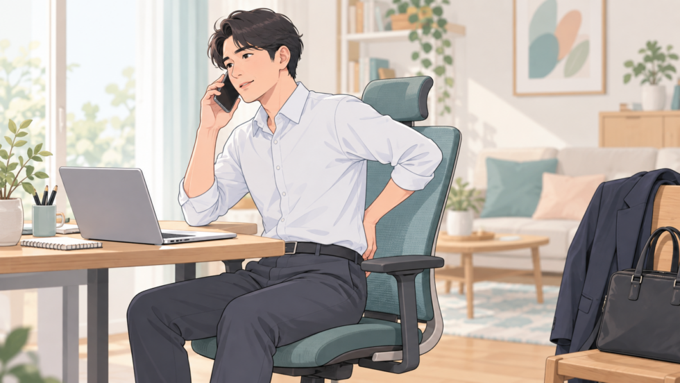 腰の不調について自宅から職場に電話する人のイラスト