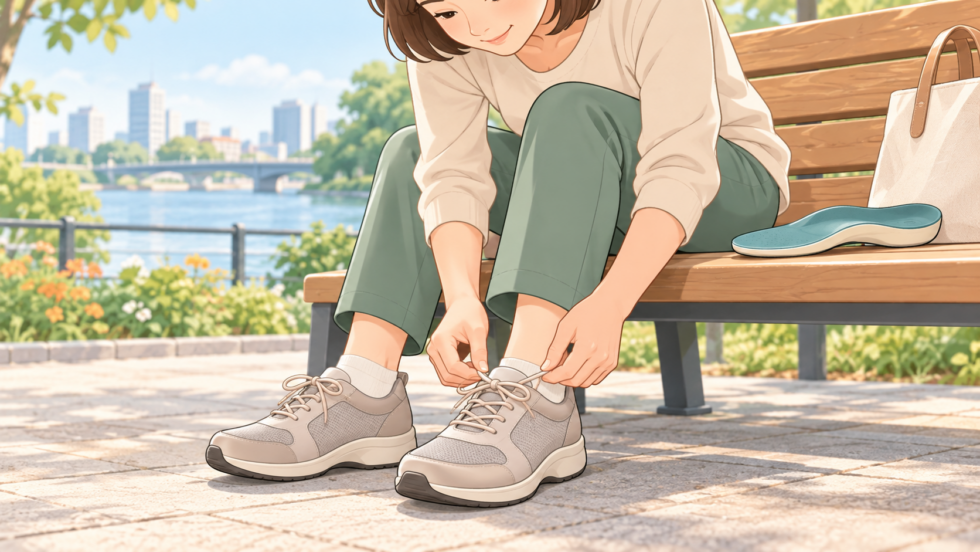 足に合う靴と中敷きを確認する人のイラスト