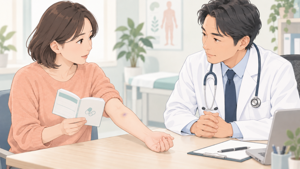 腕のあざと服薬情報を医師に伝える場面のイラスト