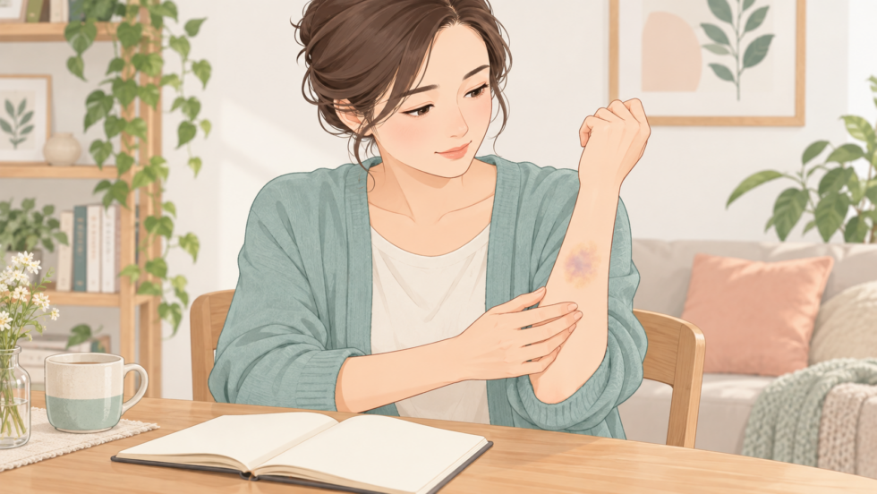 腕にできた小さなあざを確認する人のイラスト