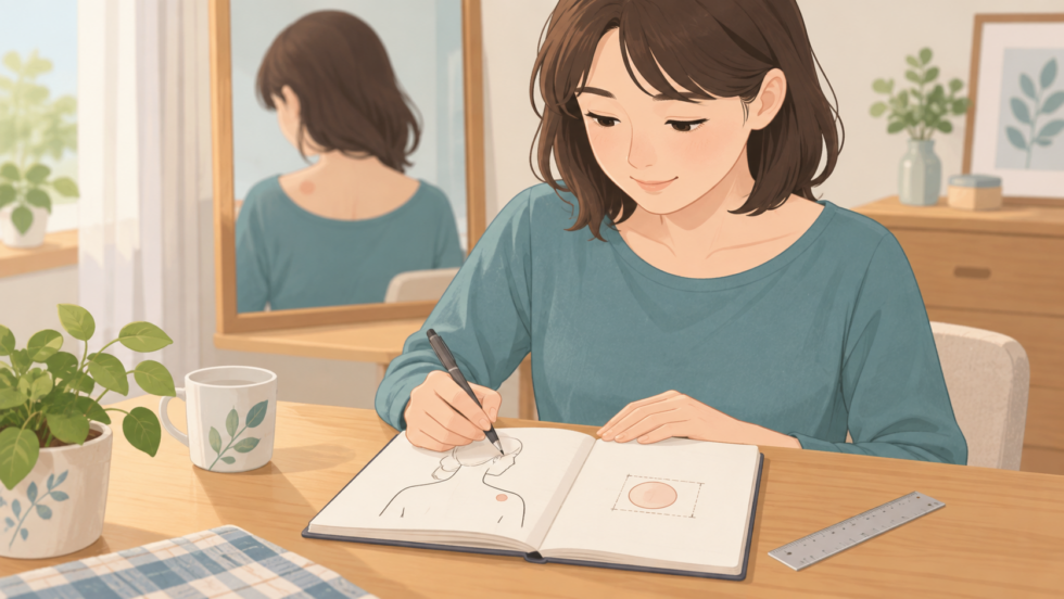 肩の気になる場所と変化をノートに記録する説明用イラスト
