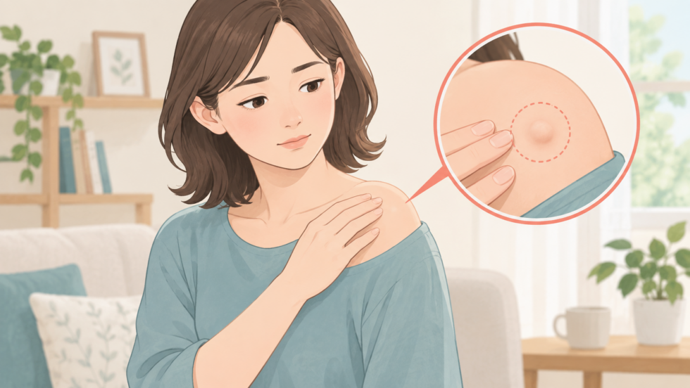 肩に触れた小さなかたまりを気にする人と位置の拡大図を示した説明用イラスト