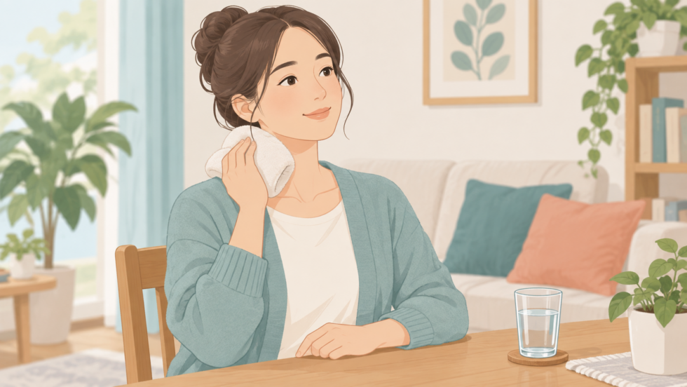 布で包んだ温熱用品を首に当てる局所ケアの説明用イラスト