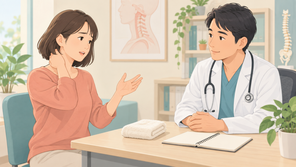 首の痛みについて医師に相談する説明用イラスト