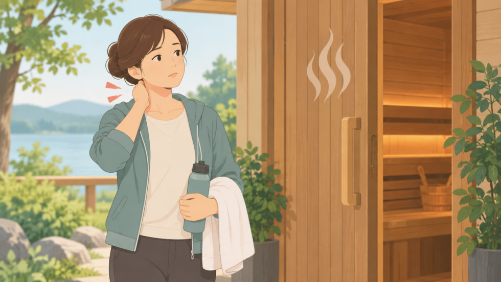 首の痛みがある日にサウナを利用するか考える人の説明用イラスト