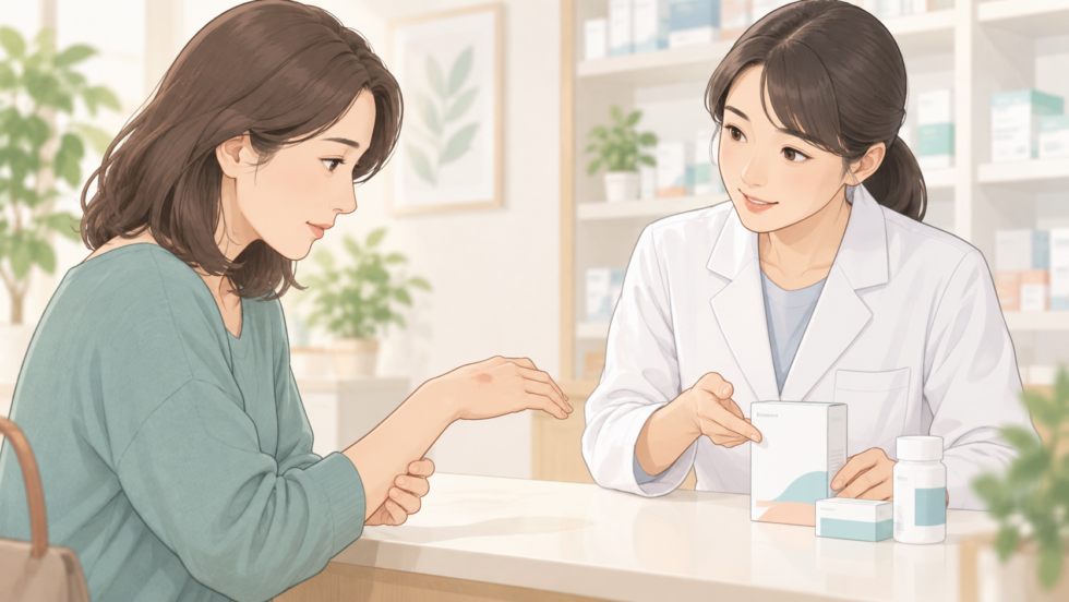 手の甲の症状と使用する薬を薬剤師に相談する人のイラスト